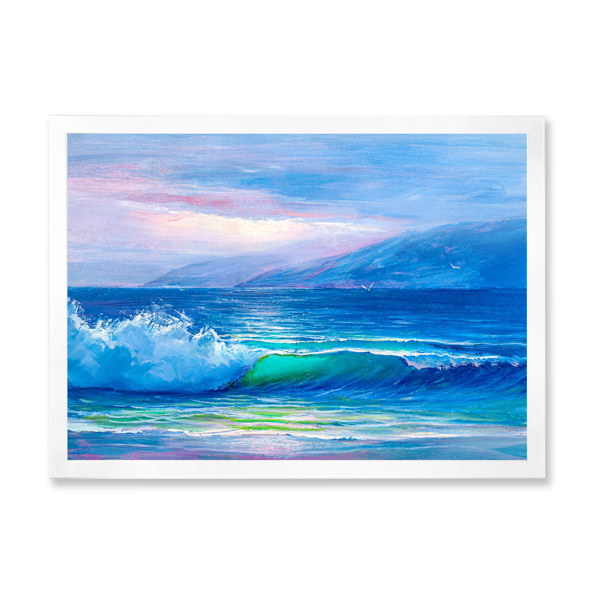 Designart 'Blue Waves Breaking At The Beach Landscape II' Nautical & Coastal Framed Art Print