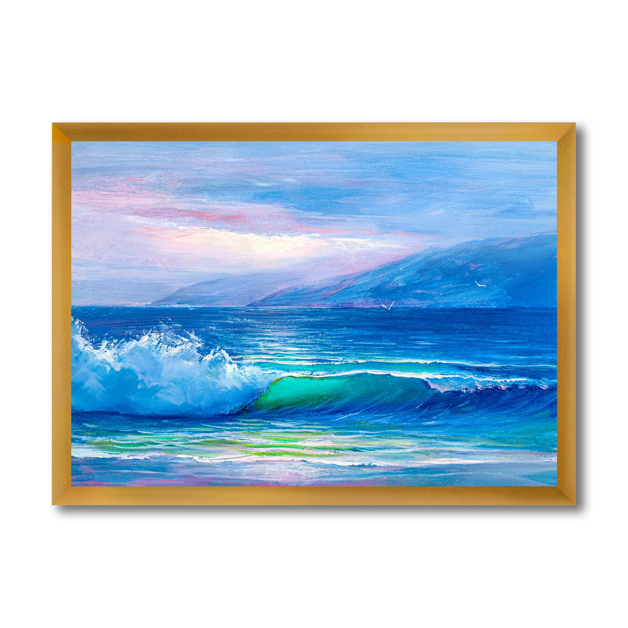 Designart 'Blue Waves Breaking At The Beach Landscape II' Nautical & Coastal Framed Art Print