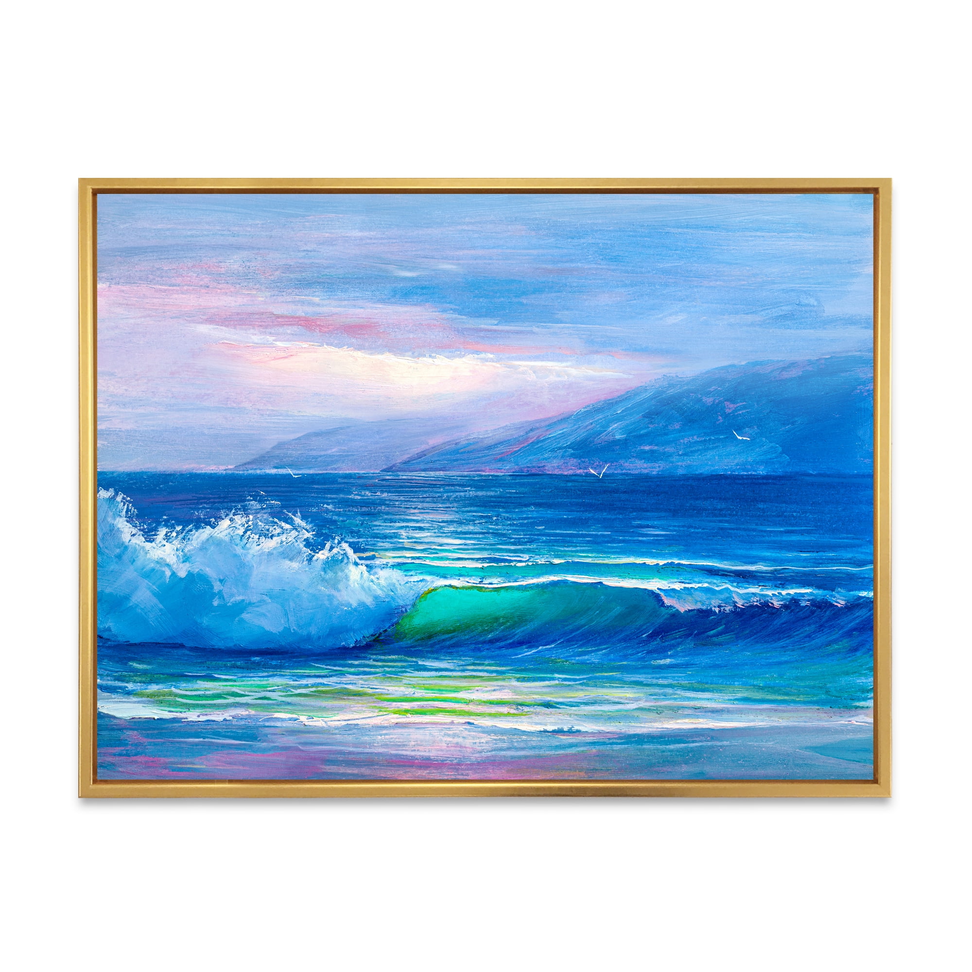 Designart 'Blue Waves Breaking At The Beach Landscape II' Nautical & Coastal Framed Canvas Wall Art Print
