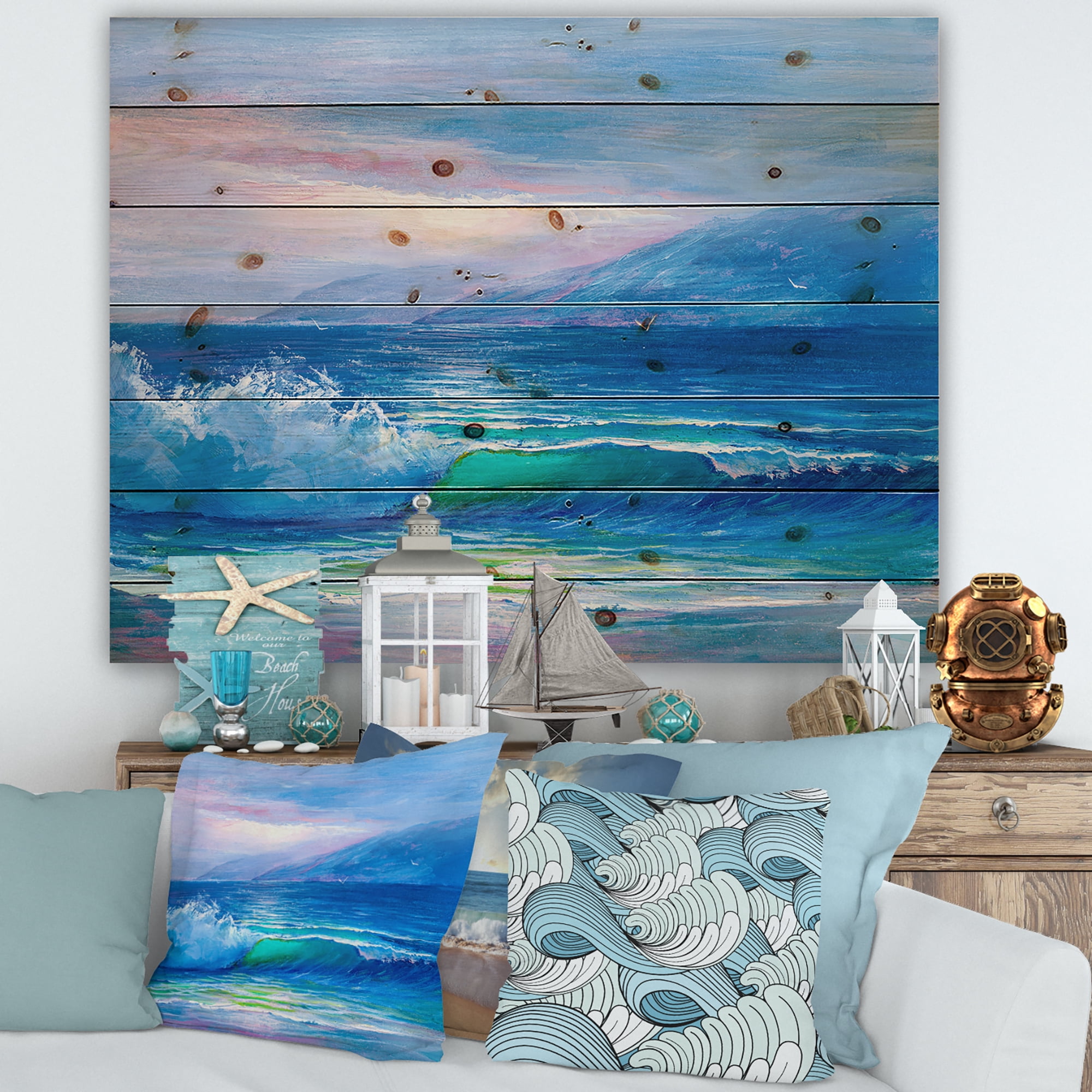 Designart 'Blue Waves Breaking At The Beach Landscape II' Nautical & Coastal Print on Natural Pine Wood