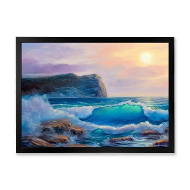 Designart 'Blue Waves Breaking At The Beach Landscape III' Nautical & Coastal Framed Art Print
