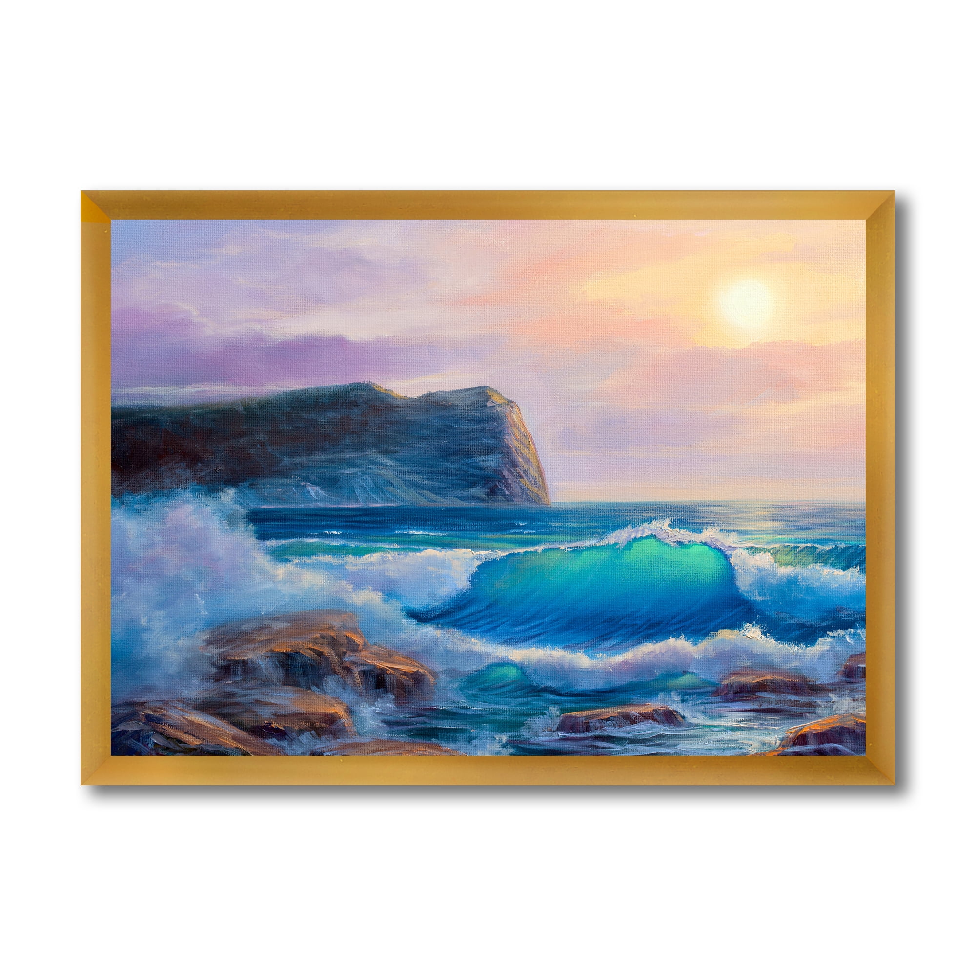 Designart 'Blue Waves Breaking At The Beach Landscape III' Nautical & Coastal Framed Art Print