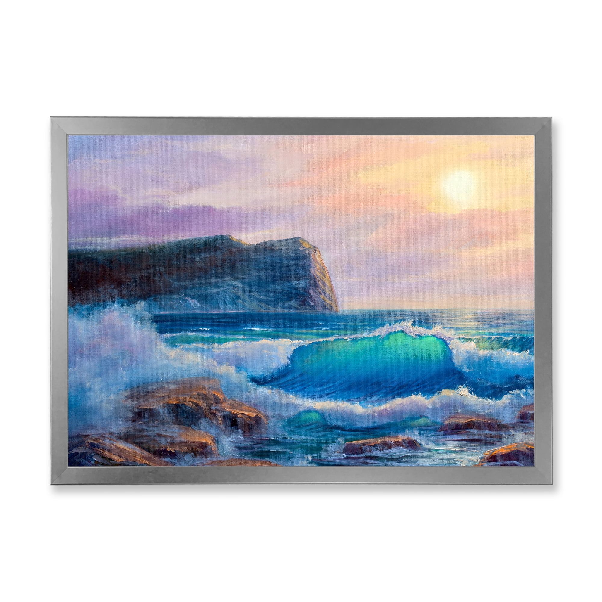 Designart 'Blue Waves Breaking At The Beach Landscape III' Nautical & Coastal Framed Art Print