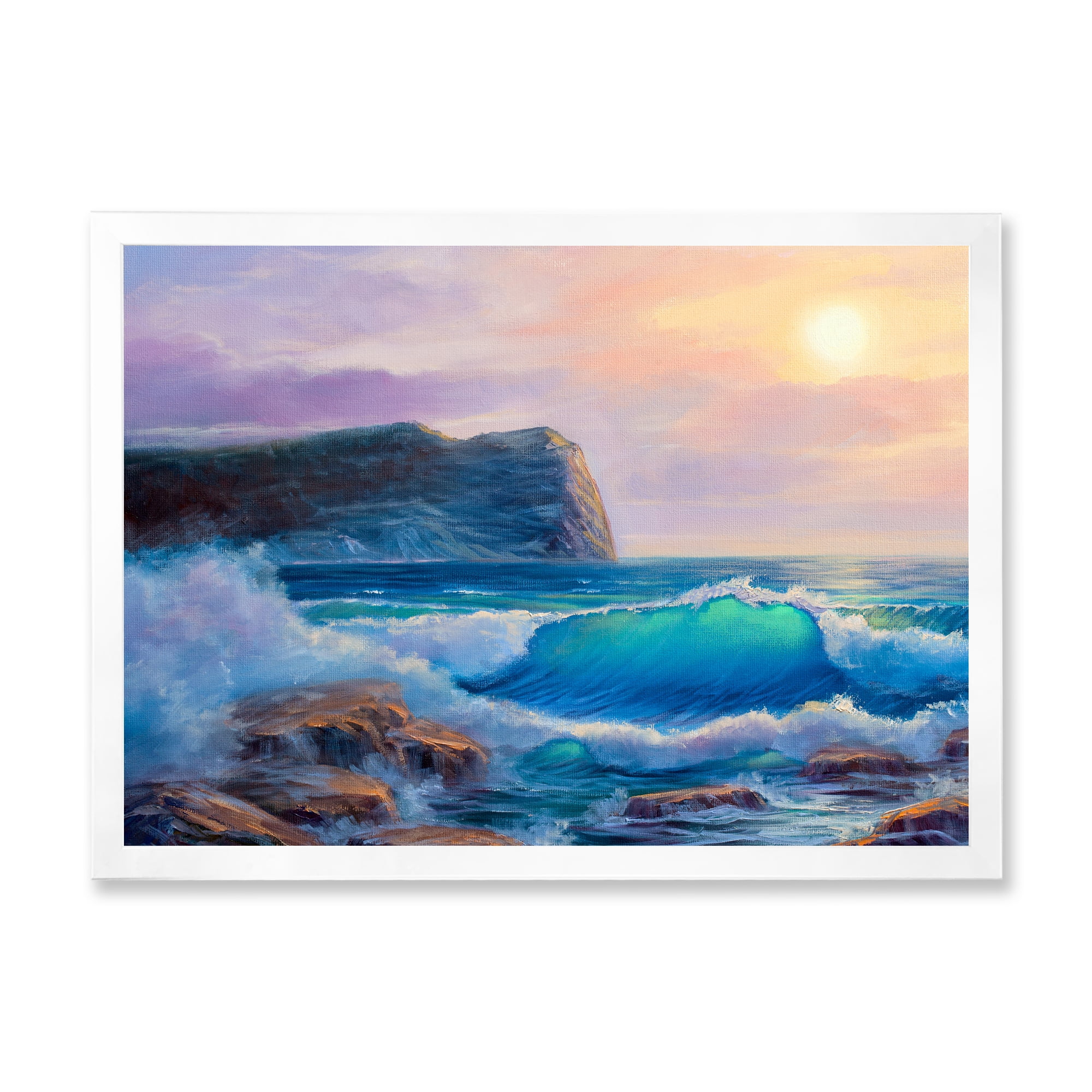 Designart 'Blue Waves Breaking At The Beach Landscape III' Nautical & Coastal Framed Art Print