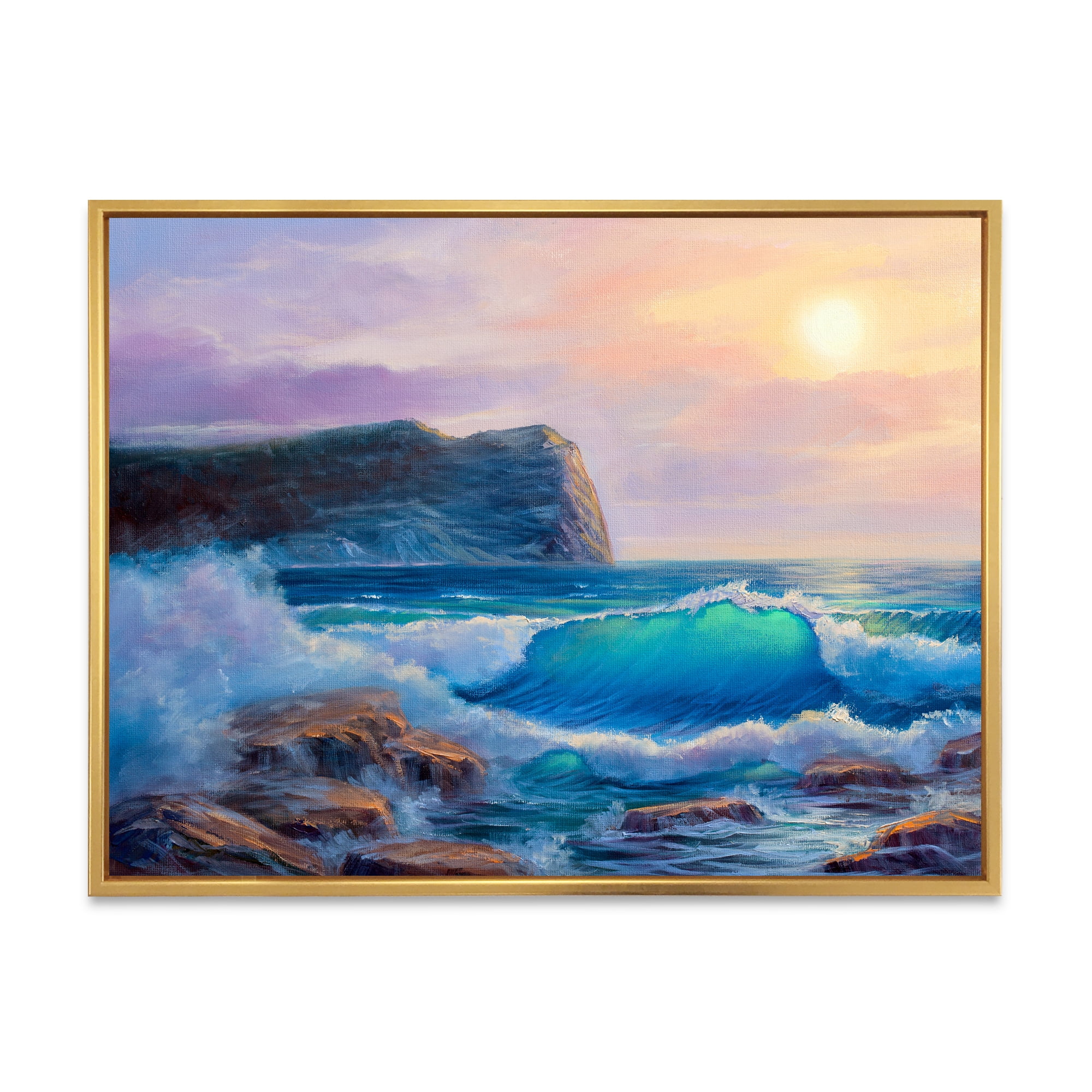 Designart 'Blue Waves Breaking At The Beach Landscape III' Nautical & Coastal Framed Canvas Wall Art Print
