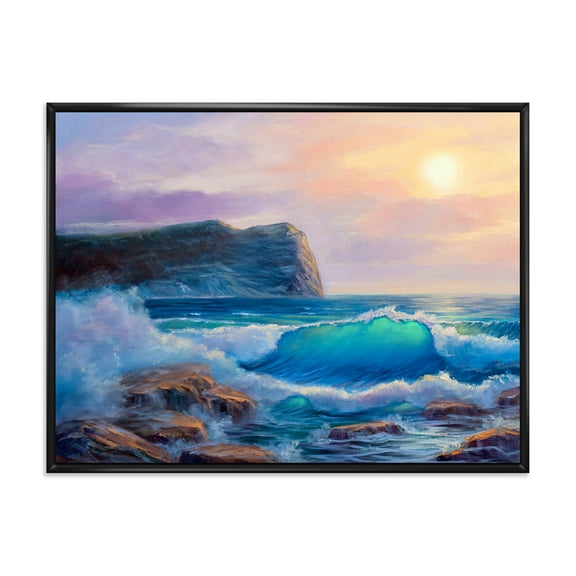 Designart 'Blue Waves Breaking At The Beach Landscape III' Nautical & Coastal Framed Canvas Wall Art Print