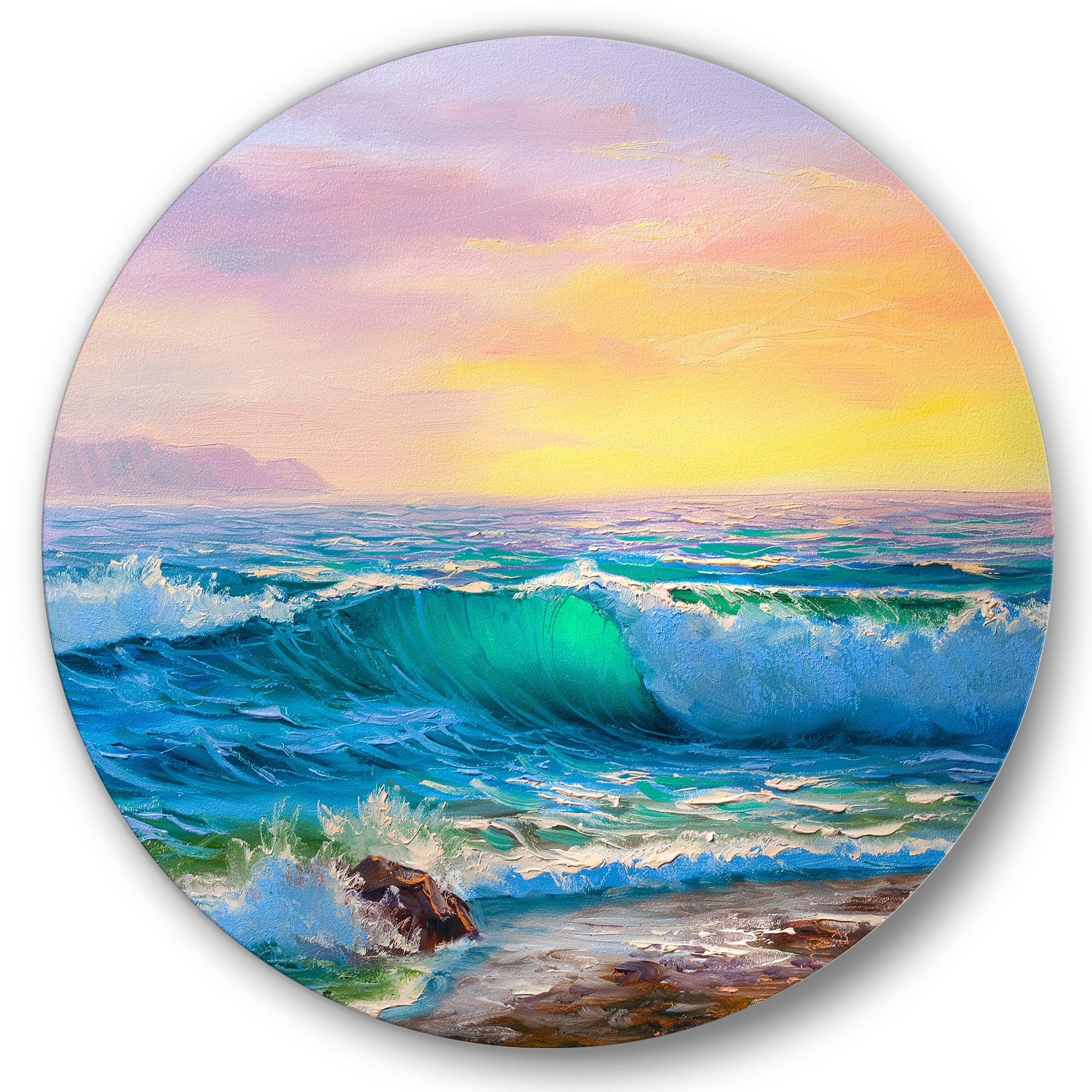 Designart 'Blue Waves Breaking At The Beach Landscape IV' Nautical & Coastal Circle Metal Wall Art 36x36 - Disc of 36
