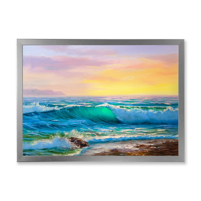 Designart 'Blue Waves Breaking At The Beach Landscape IV' Nautical & Coastal Framed Art Print