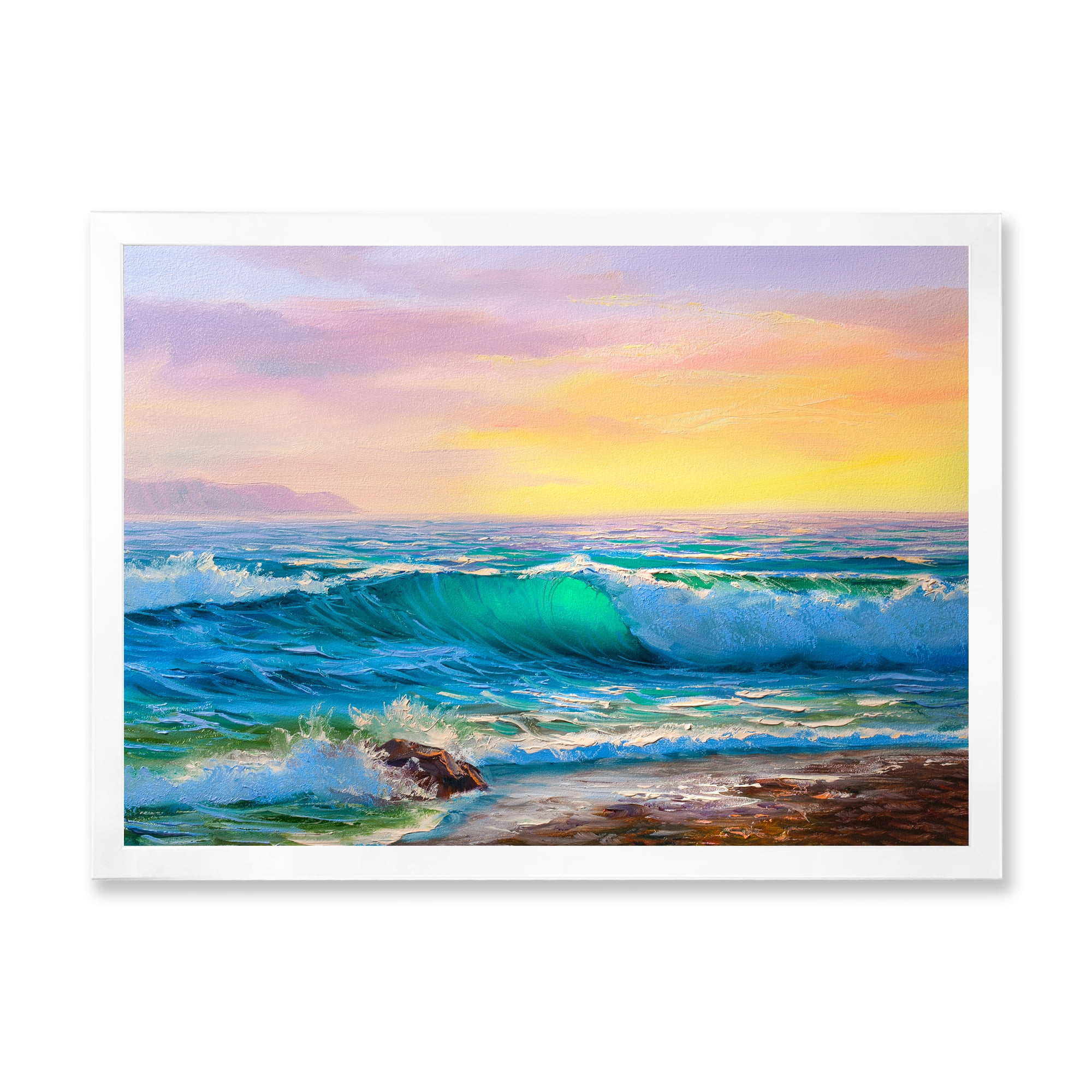 Designart 'Blue Waves Breaking At The Beach Landscape IV' Nautical & Coastal Framed Art Print