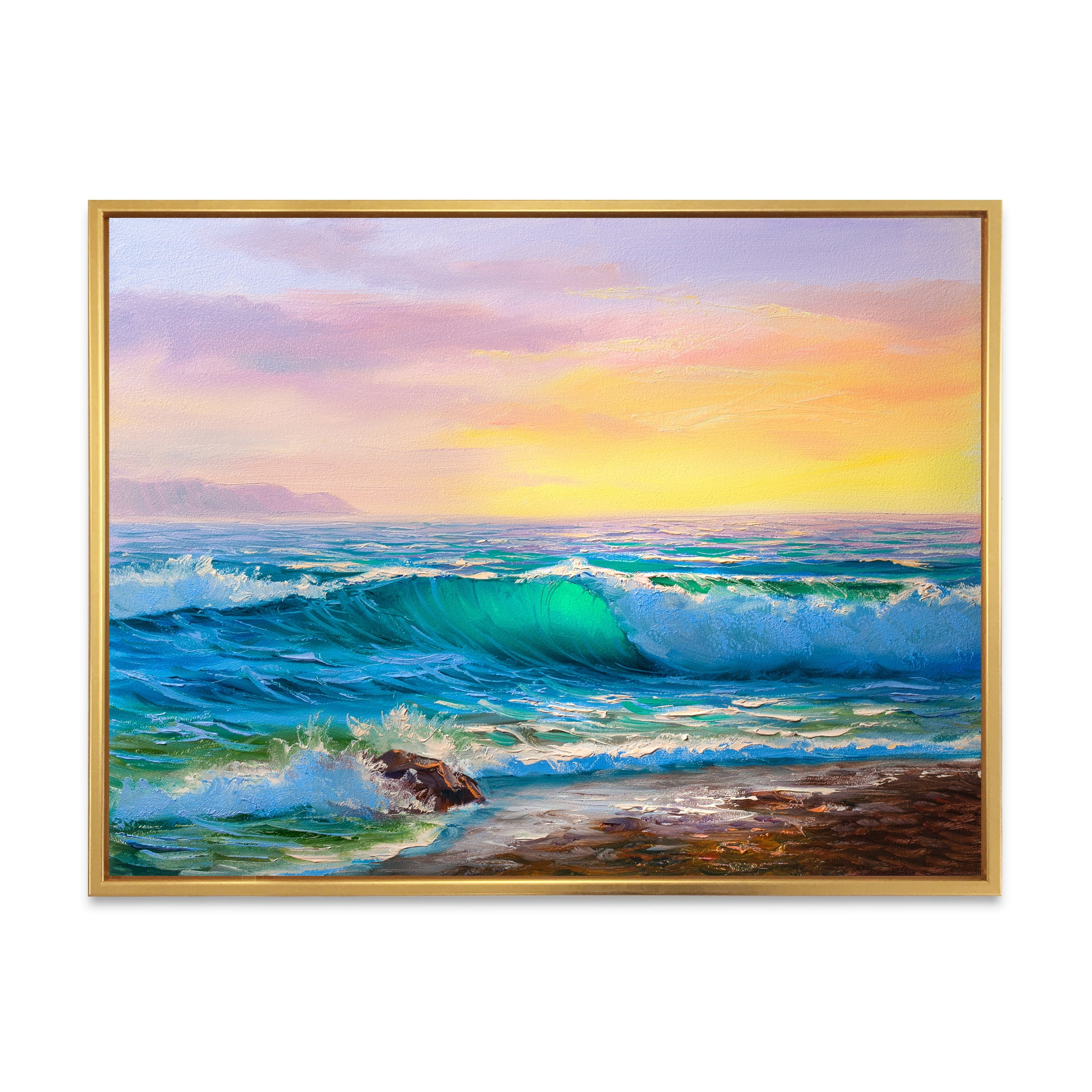 Designart 'Blue Waves Breaking At The Beach Landscape IV' Nautical & Coastal Framed Canvas Wall Art Print