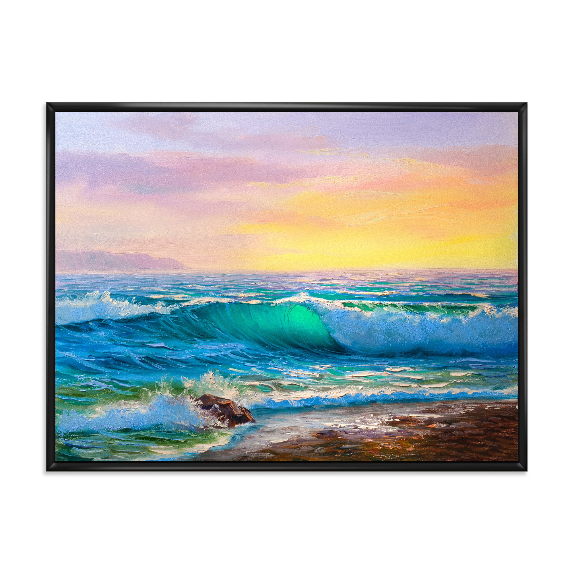 Designart 'Blue Waves Breaking At The Beach Landscape IV' Nautical & Coastal Framed Canvas Wall Art Print