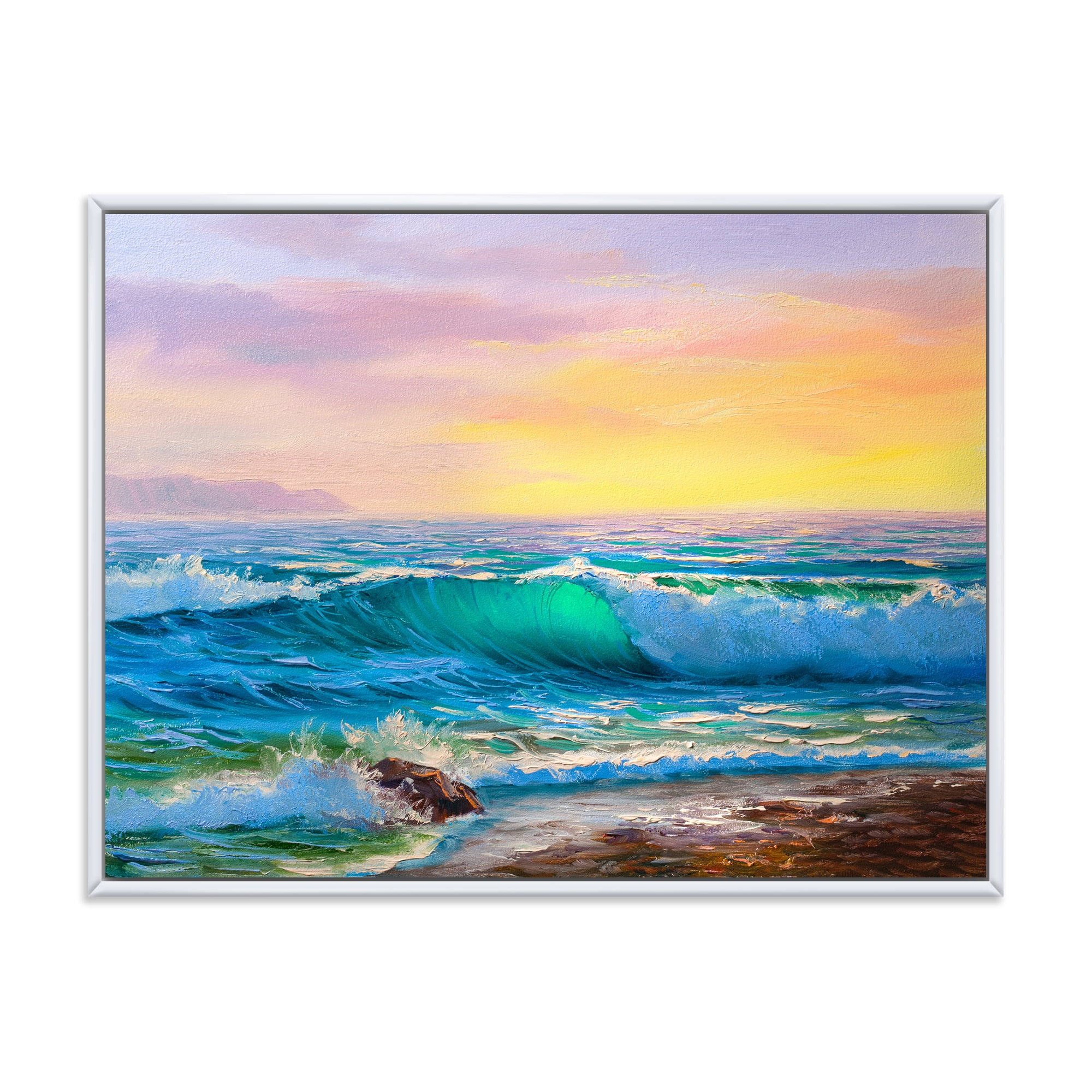 Designart 'Blue Waves Breaking At The Beach Landscape IV' Nautical & Coastal Framed Canvas Wall Art Print