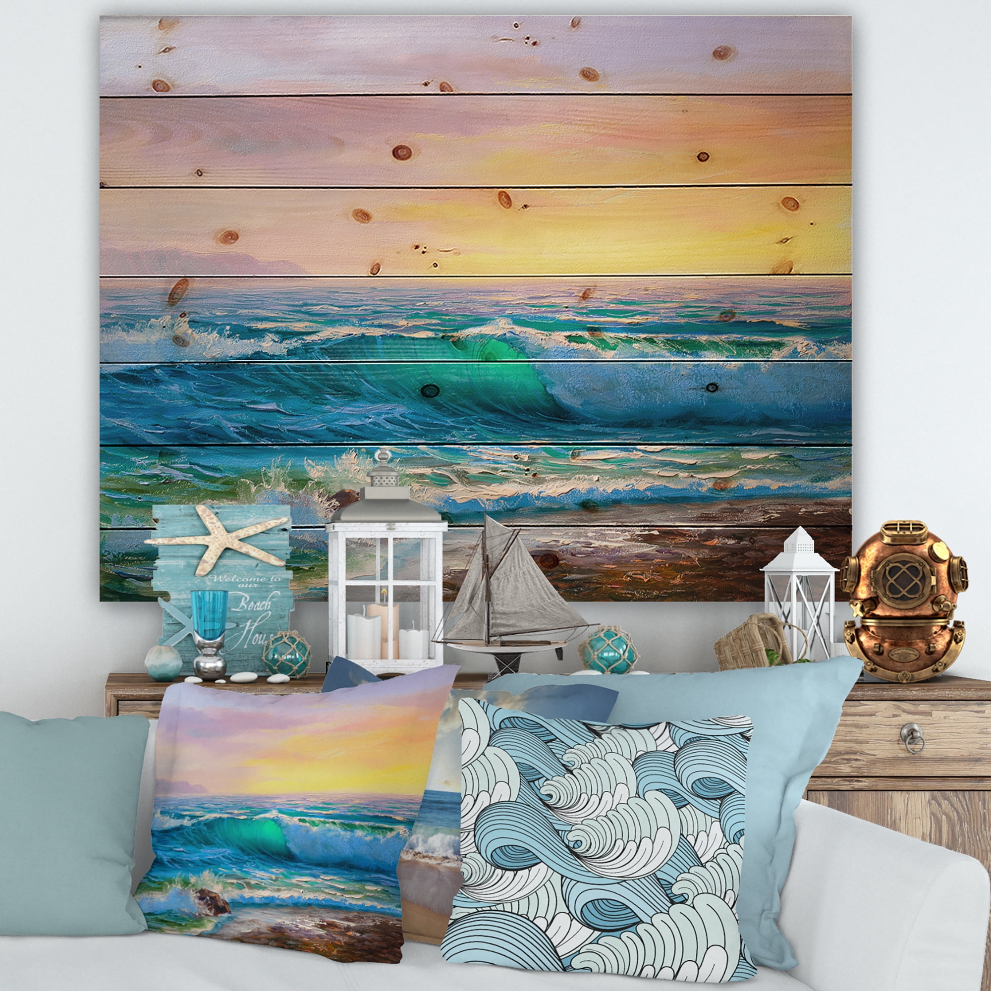 Designart 'Blue Waves Breaking At The Beach Landscape IV' Nautical & Coastal Print on Natural Pine Wood