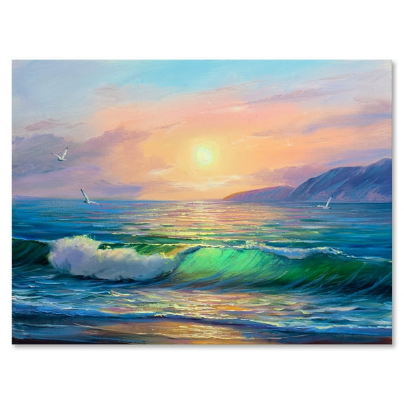 Designart ' Blue Waves Breaking At The Beach Landscape V ' Nautical & Coastal Canvas Wall Art Print