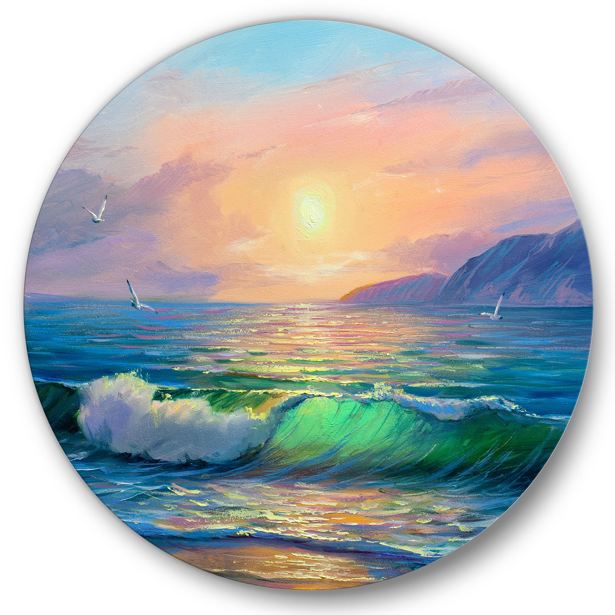 Designart 'Blue Waves Breaking At The Beach Landscape V' Nautical & Coastal Circle Metal Wall Art 36x36 - Disc of 36