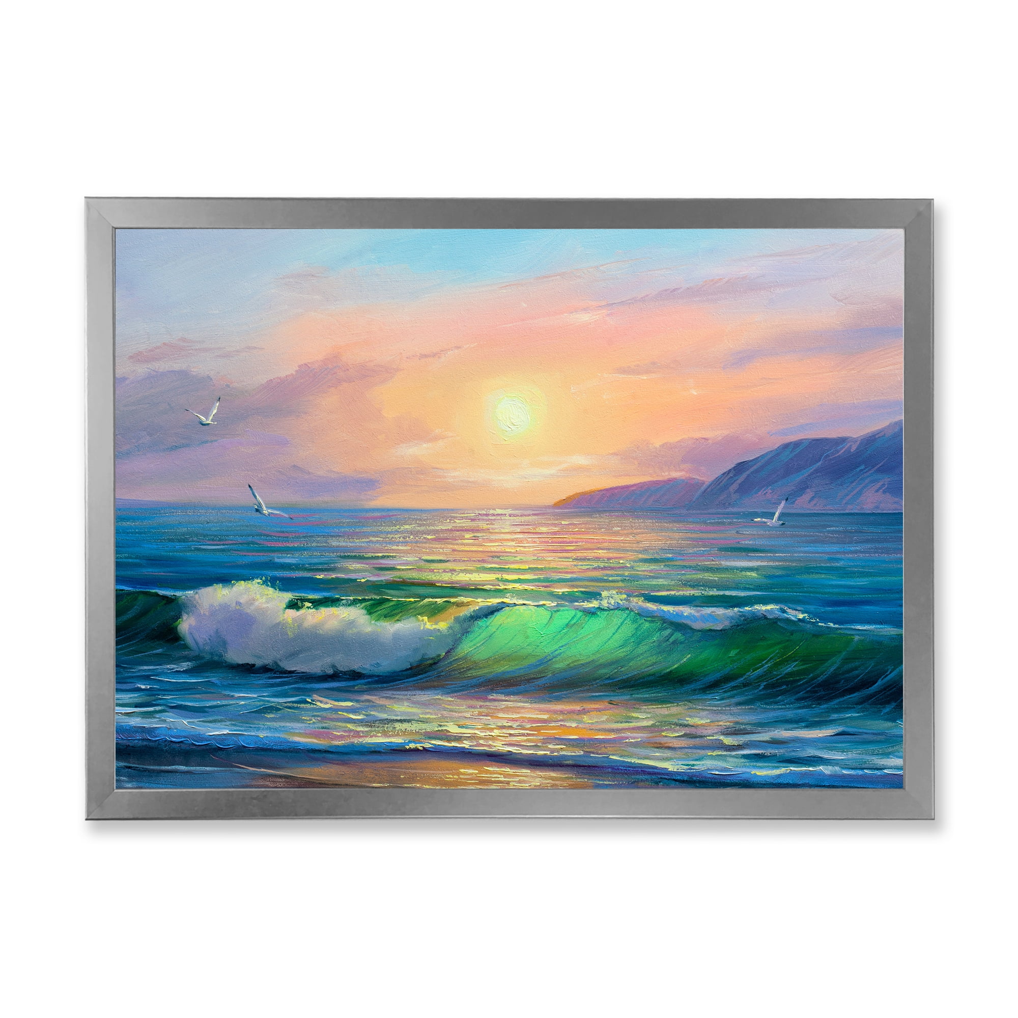 Designart 'Blue Waves Breaking At The Beach Landscape V' Nautical & Coastal Framed Art Print
