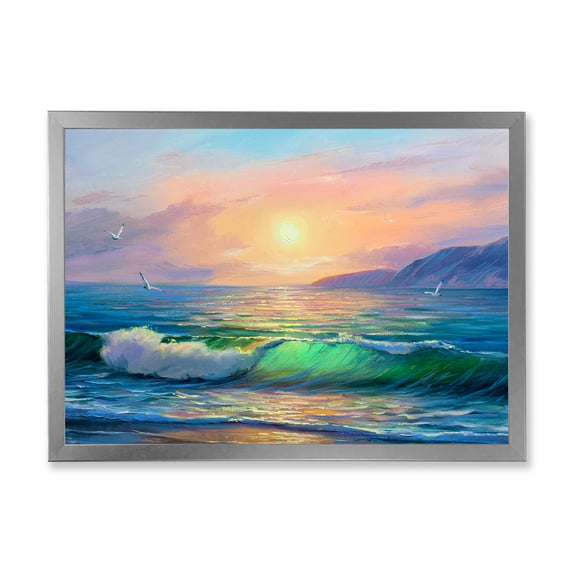 Designart 'Blue Waves Breaking At The Beach Landscape V' Nautical & Coastal Framed Art Print