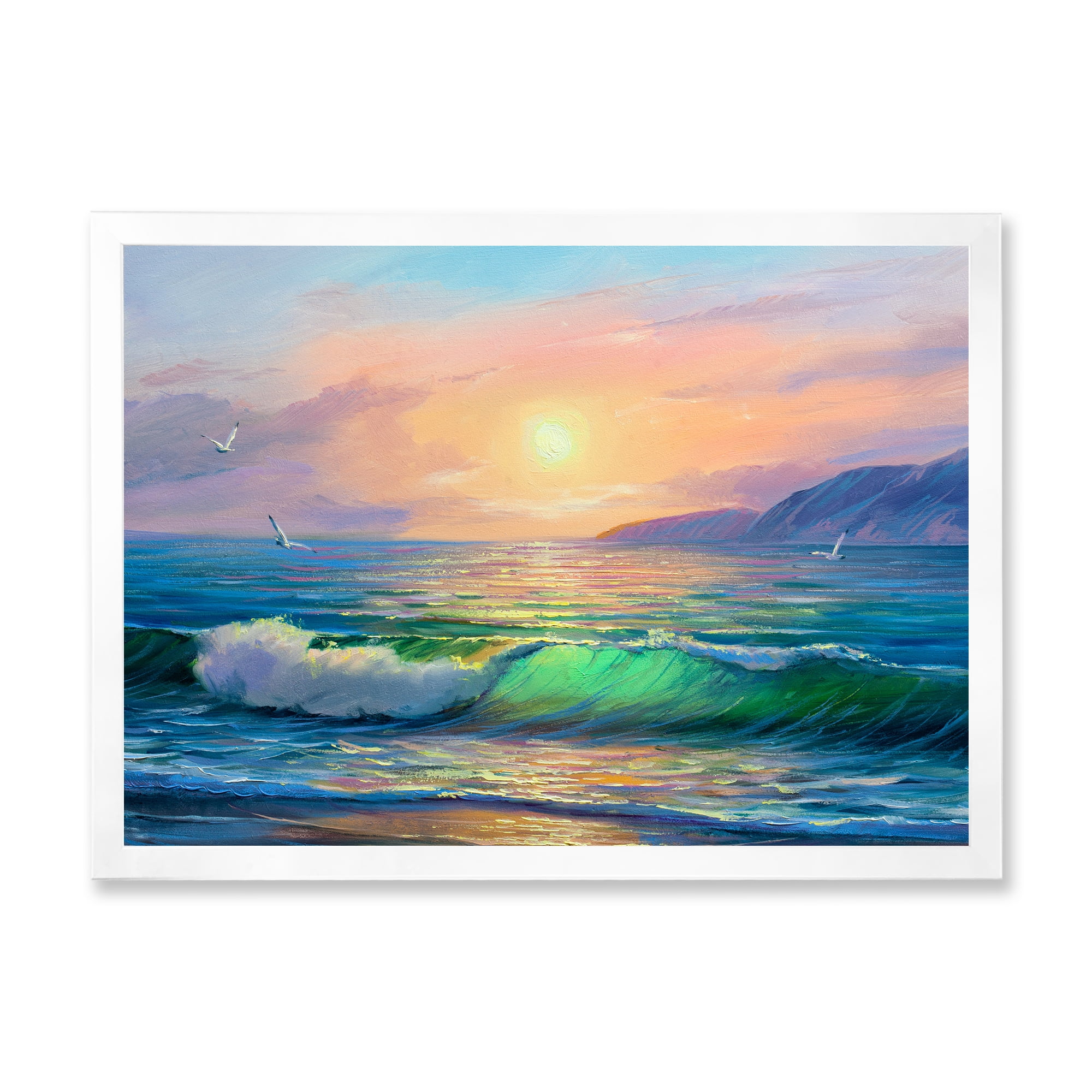 Designart 'Blue Waves Breaking At The Beach Landscape V' Nautical & Coastal Framed Art Print