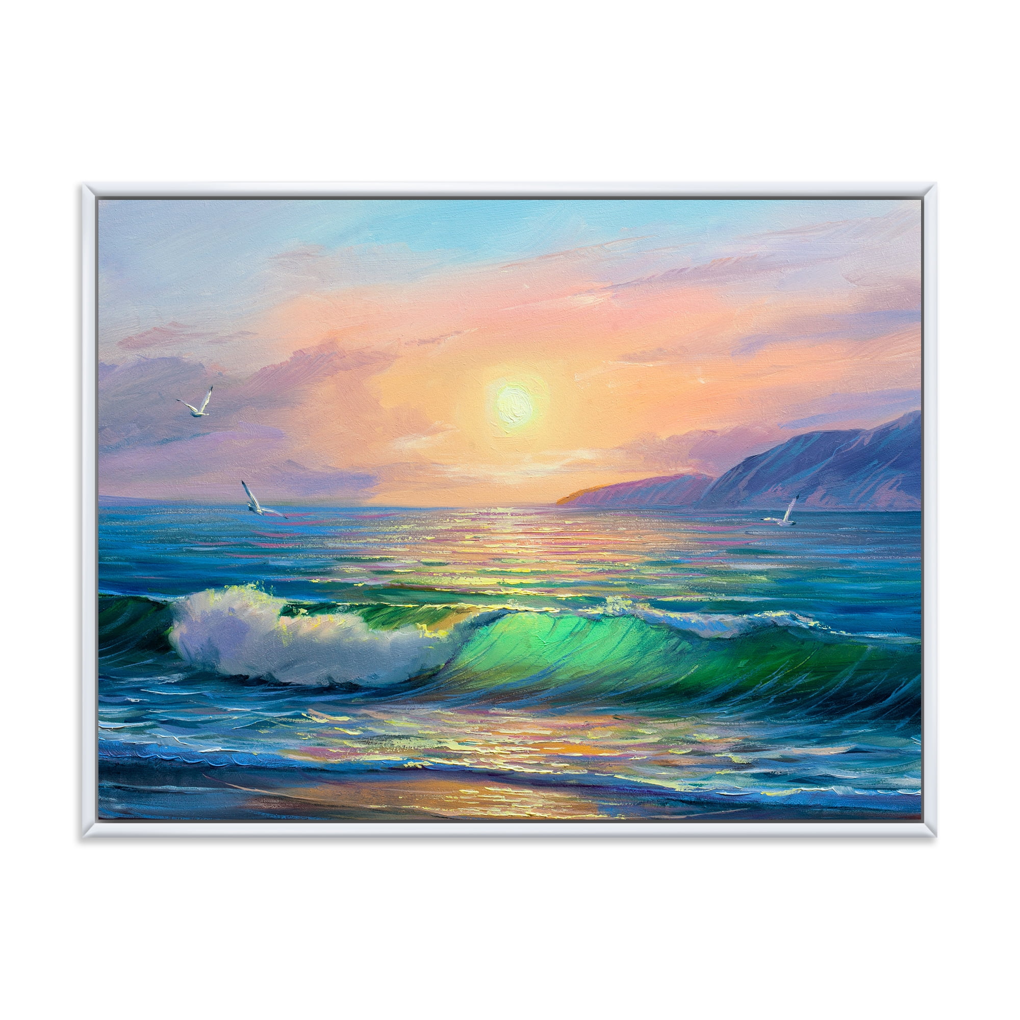 Designart 'Blue Waves Breaking At The Beach Landscape V' Nautical & Coastal Framed Canvas Wall Art Print