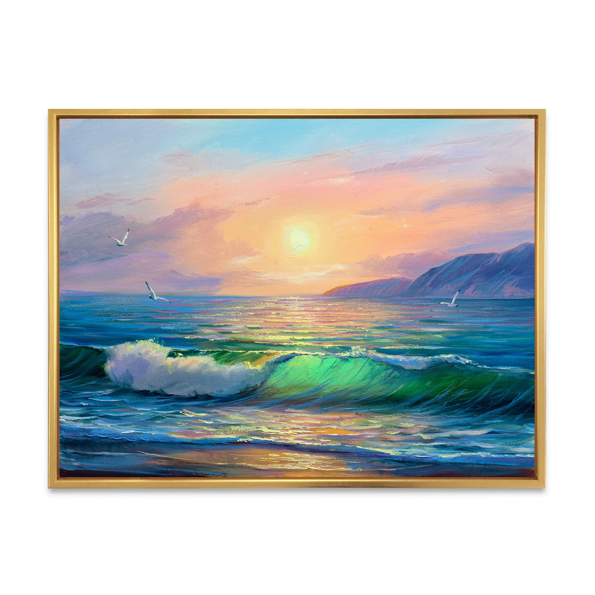 Designart 'Blue Waves Breaking At The Beach Landscape V' Nautical & Coastal Framed Canvas Wall Art Print