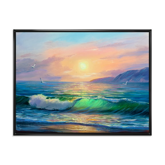 Designart 'Blue Waves Breaking At The Beach Landscape V' Nautical & Coastal Framed Canvas Wall Art Print
