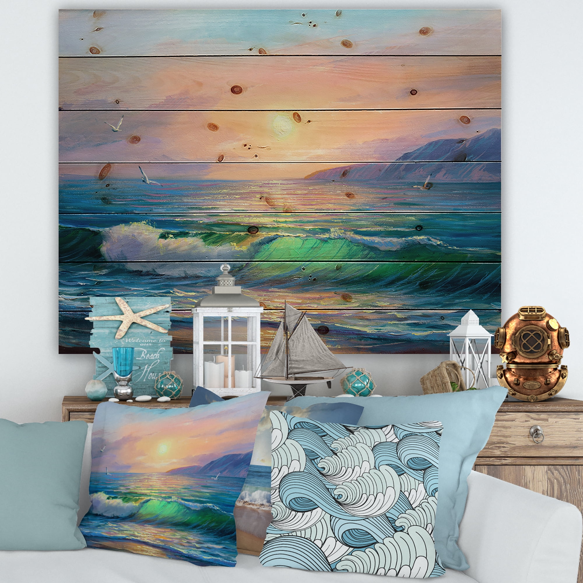 Designart 'Blue Waves Breaking At The Beach Landscape V' Nautical & Coastal Print on Natural Pine Wood