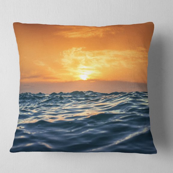 Designart Blue Waves Dancing at Yellow Sunset - Beach Photo Throw Pillow - 18x18