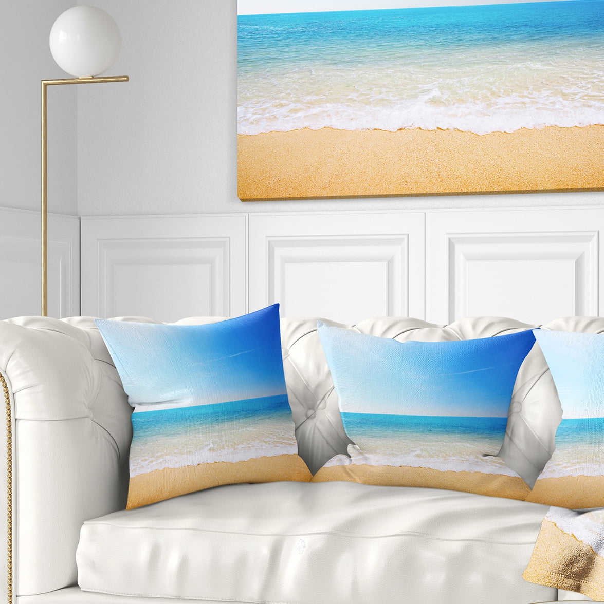 Designart Blue Waves at Tropical Beach - Seashore Photo Throw Pillow - 18x18