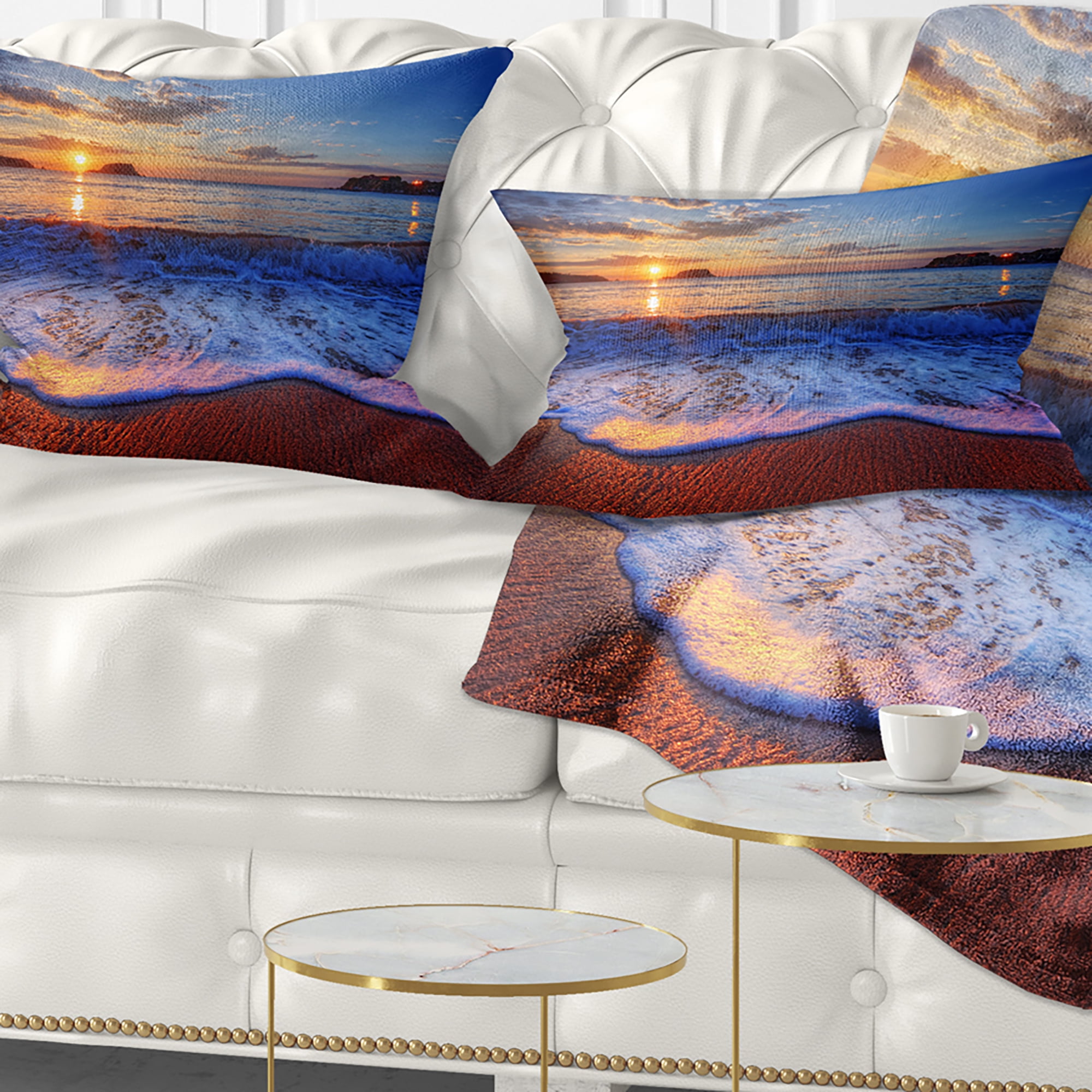 Designart Blue Waves on Sandy Beach - Seashore Throw Pillow - 12x20