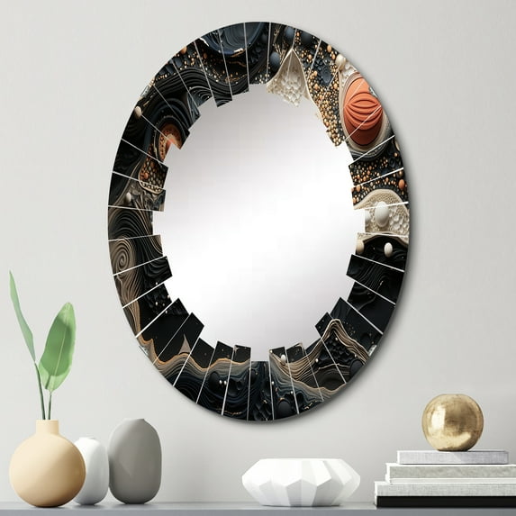 Designart "Blue White Calm Waters I" Abstract Botanicals Round Wall Mirror - Modern Oval Printed Decorative Oversized Mirror - Multiple Color Options