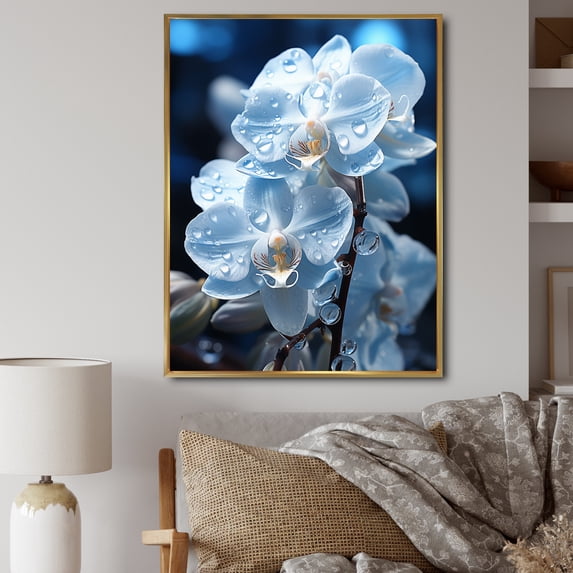 Designart "Blue White Flower landscape Pearlescent Orchids" Floral Floater Framed Wall Art Living Room