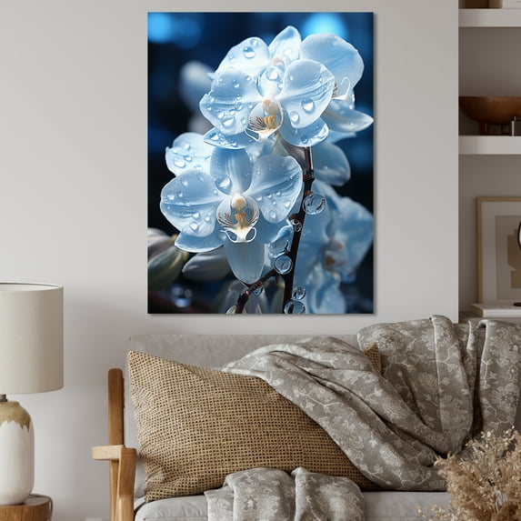 Designart "Blue White Flower landscape Pearlescent Orchids" Floral Metal Art Living Room