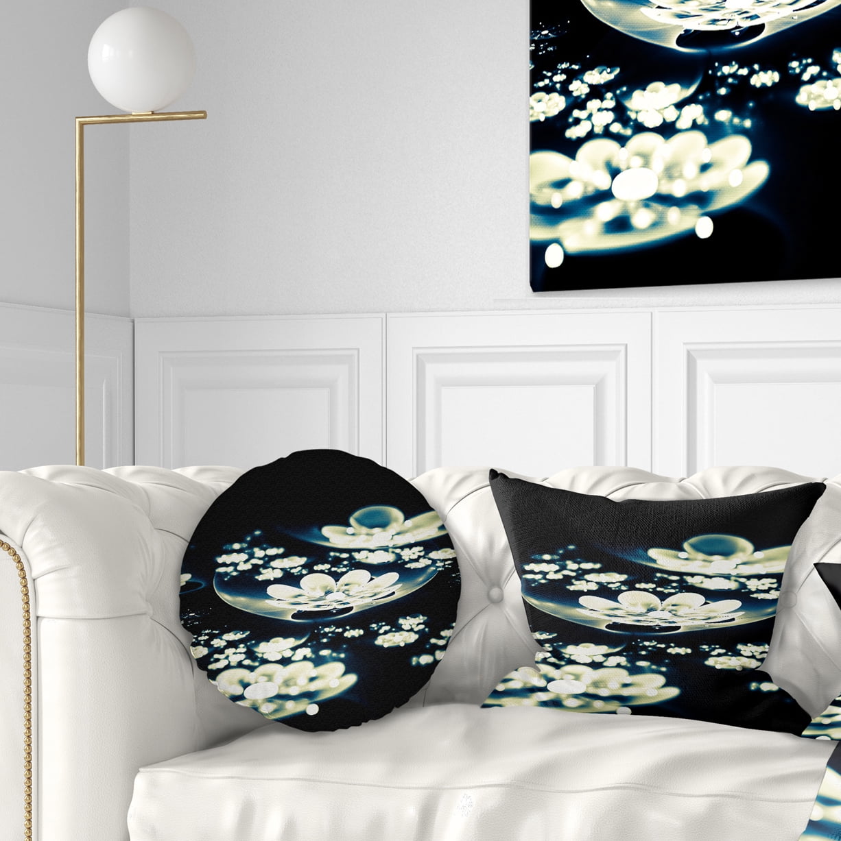 Designart Blue White Fractal Flowers in Dark - Floral Throw Pillow - 12x20