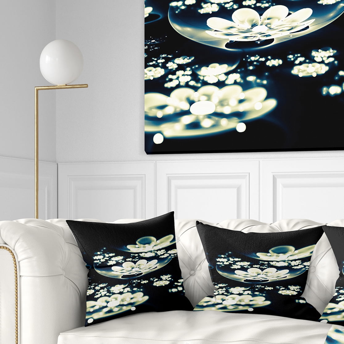Designart Blue White Fractal Flowers in Dark - Floral Throw Pillow - 18x18
