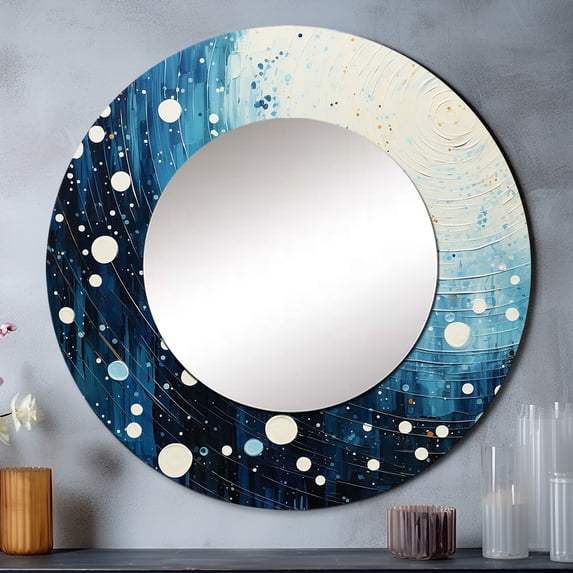 Designart "Blue White Mid Century Minimalist Rain I" Abstract Collages Rund Mirror For Wall Decor - Large Teal Round Print Mirror - Round Mid-Century Mirror 23" x 23" Inch