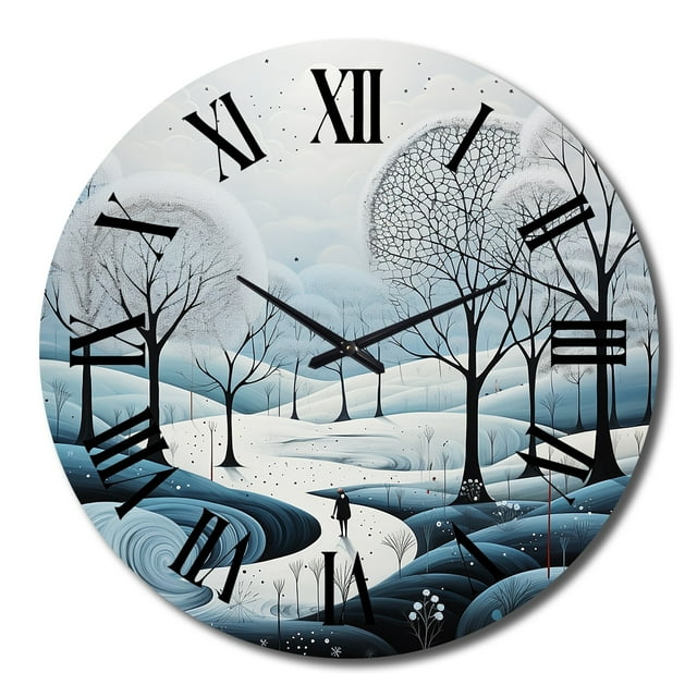 Designart "Blue White Modern Scandinavian Winter Painting II" Landscapes Oversized Wall Clock