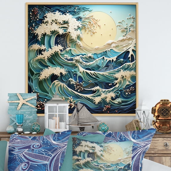 Designart "Blue White Ocean Rhapsody" Nautical & Beach Floater Framed Canvas Print