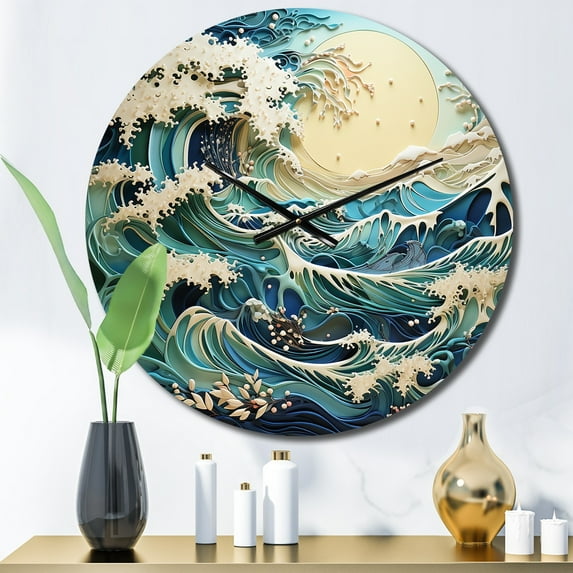 Designart "Blue White Ocean Rhapsody" Nautical & Beach Oversized Wall Clock