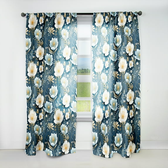 Designart "Blue White Ranunculus Charm" Floral Room Darkening Curtain Single Panel