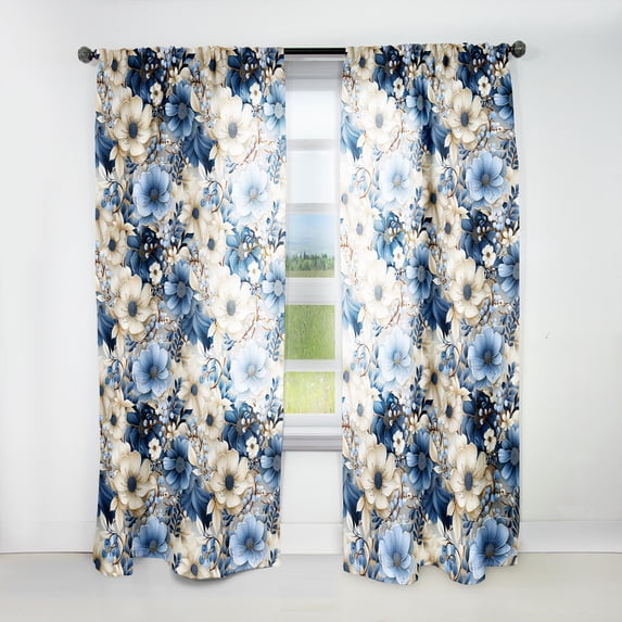 Designart "Blue White Ranunculus Charm II" Floral Room Darkening Curtain Panel