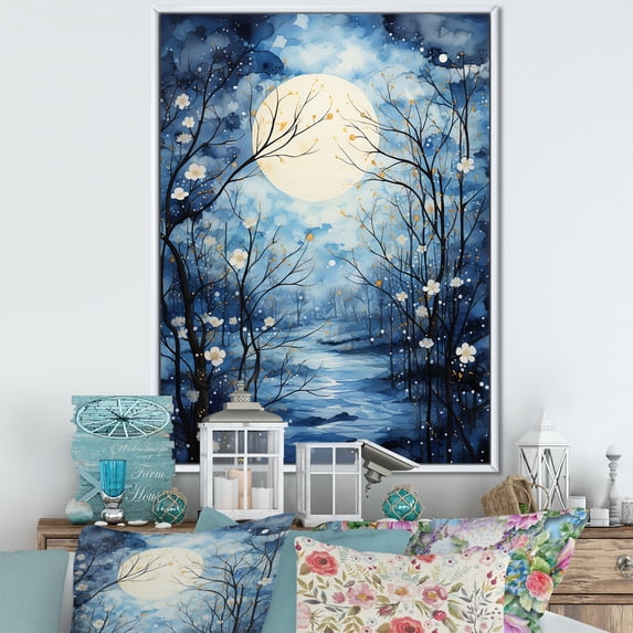 Designart "Blue White Tree Moonlit form I" Landscape Trees Floater Framed Wall Art Living Room