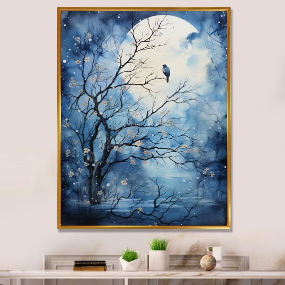 Designart "Blue White Tree Moonlit form II" Landscape Trees Floater Framed Canvas Art Print