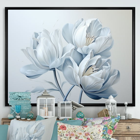 Designart "Blue-White Tulip Artistry II" Tulips Floater Framed Canvas Wall Art