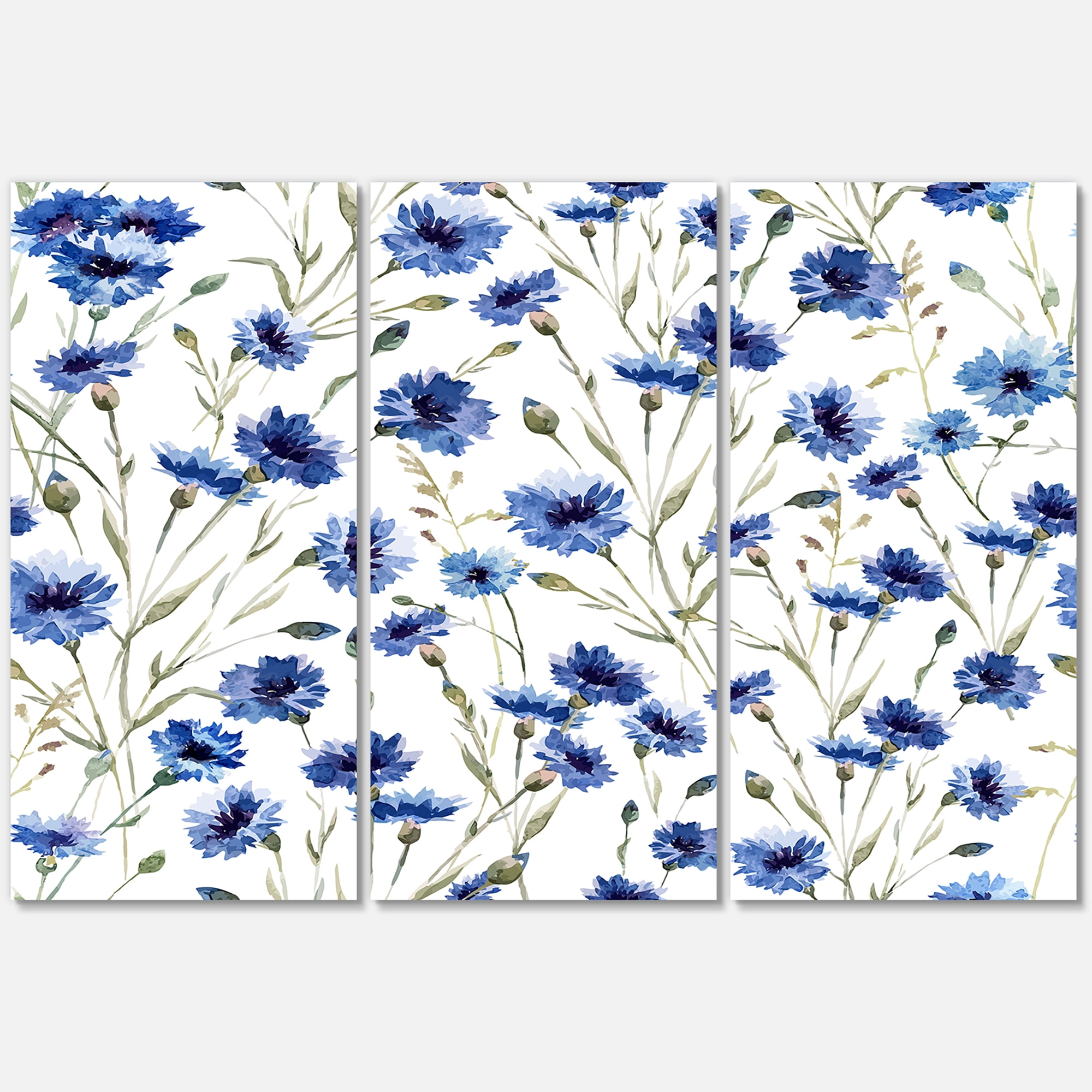 Designart ' Blue Wildflowers With Green Leaves On White ' Traditional Canvas Wall Art Print