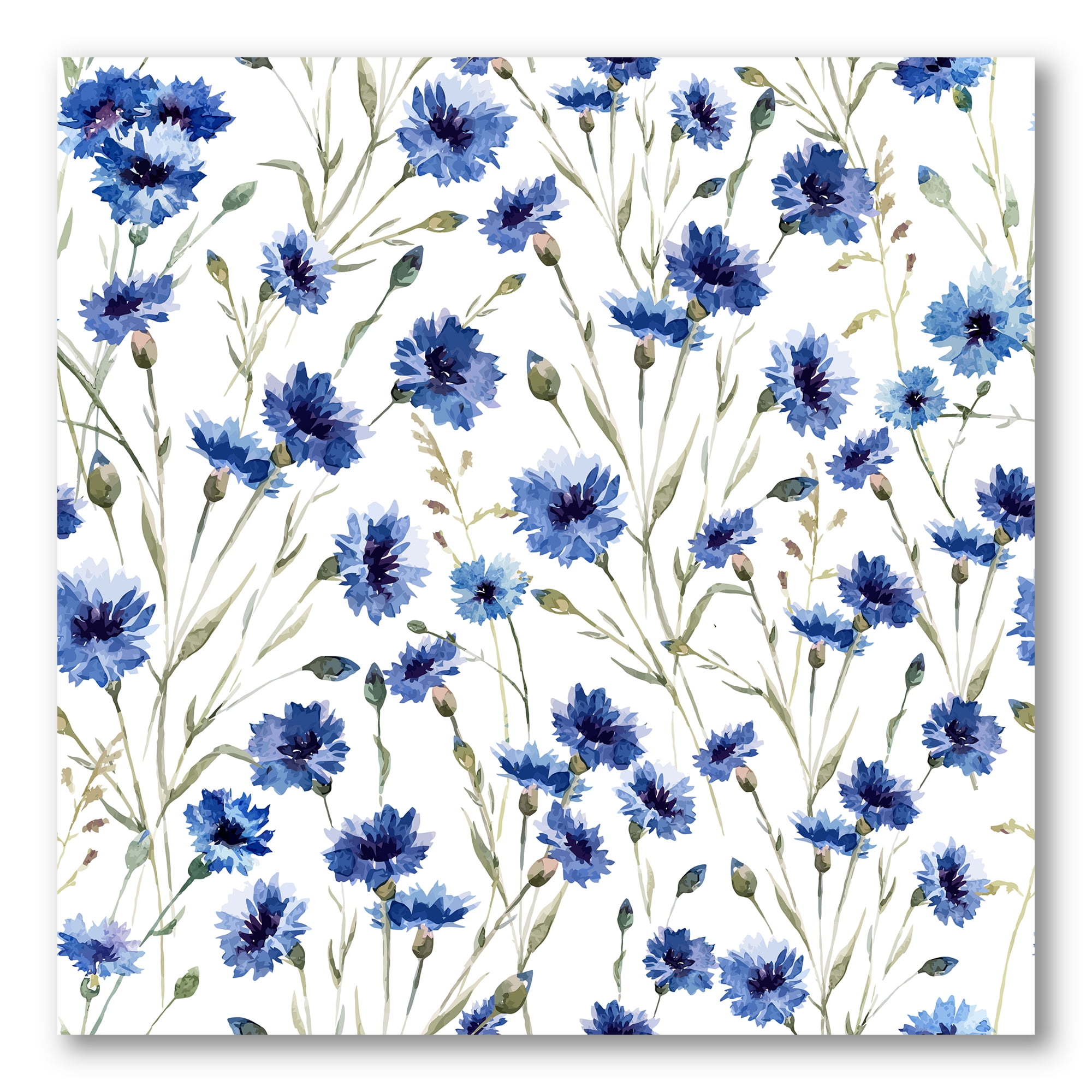 Designart ' Blue Wildflowers With Green Leaves On White ' Traditional Canvas Wall Art Print