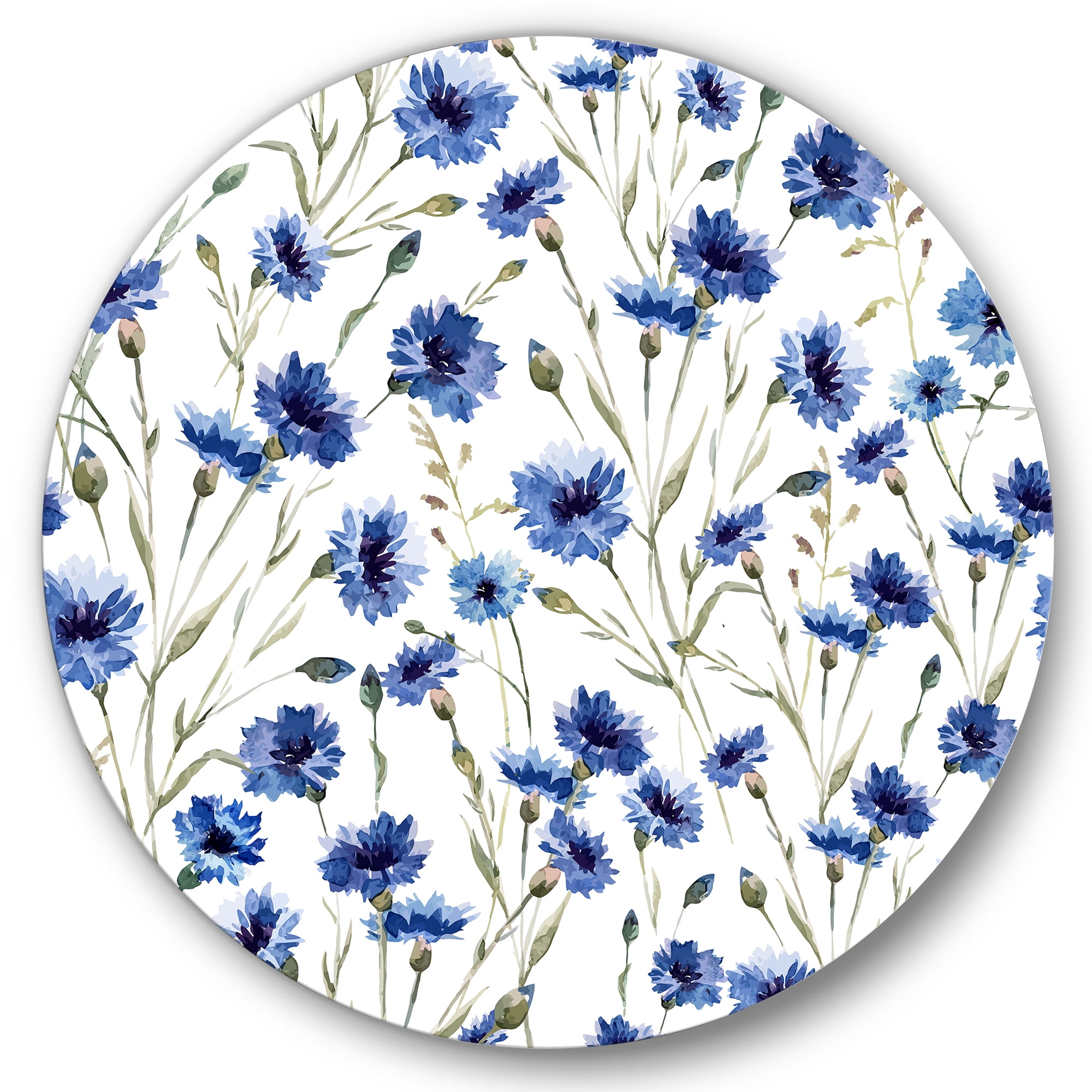 Designart 'Blue Wildflowers With Green Leaves On White' Traditional Circle Metal Wall Art 11x11 - Disc of 11