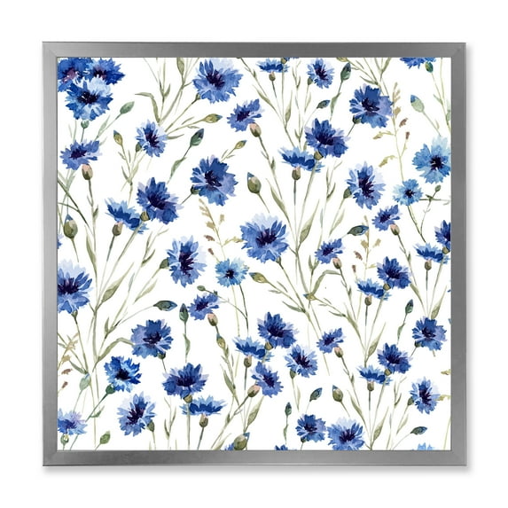 Designart 'Blue Wildflowers With Green Leaves On White' Traditional Framed Art Print