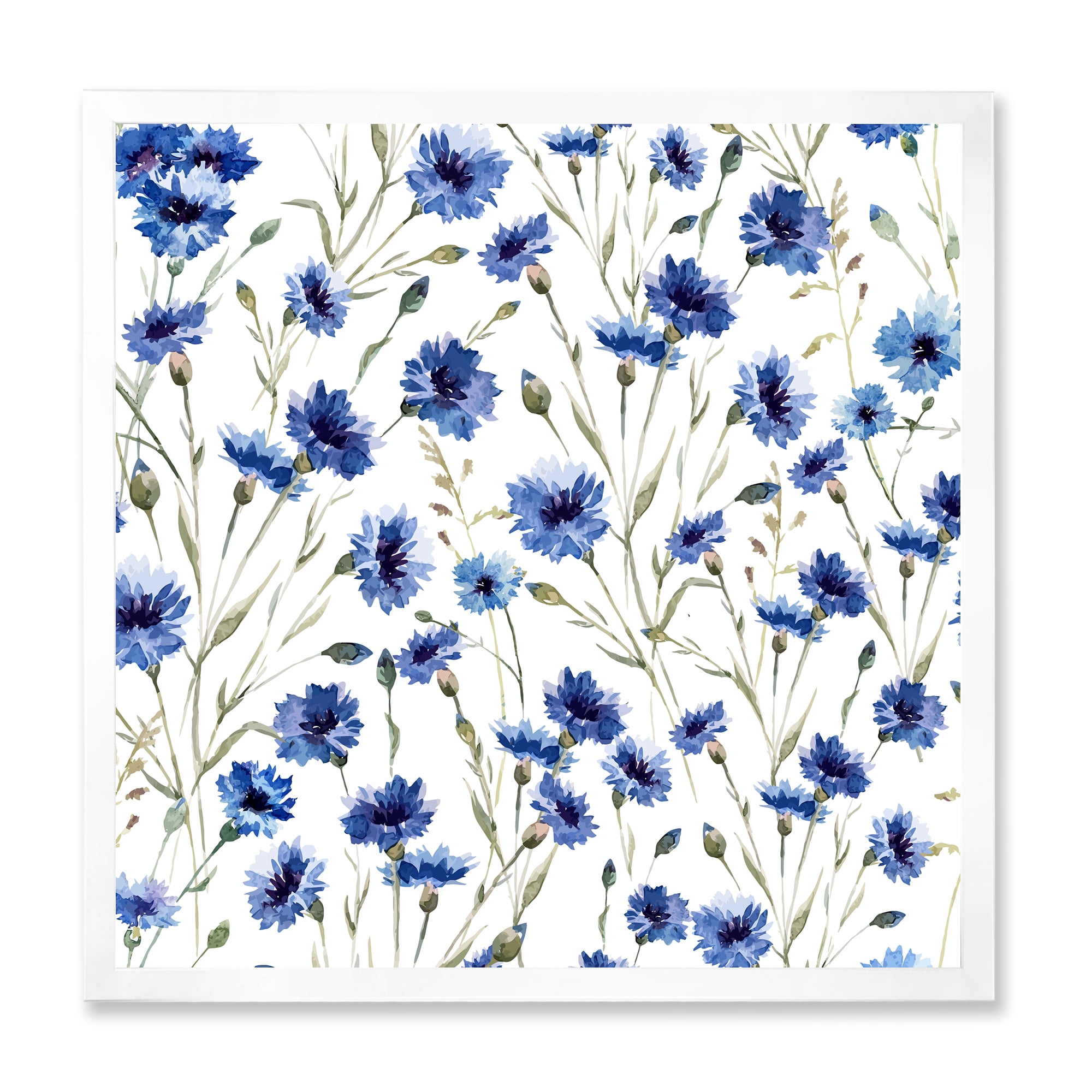 Designart 'Blue Wildflowers With Green Leaves On White' Traditional Framed Art Print