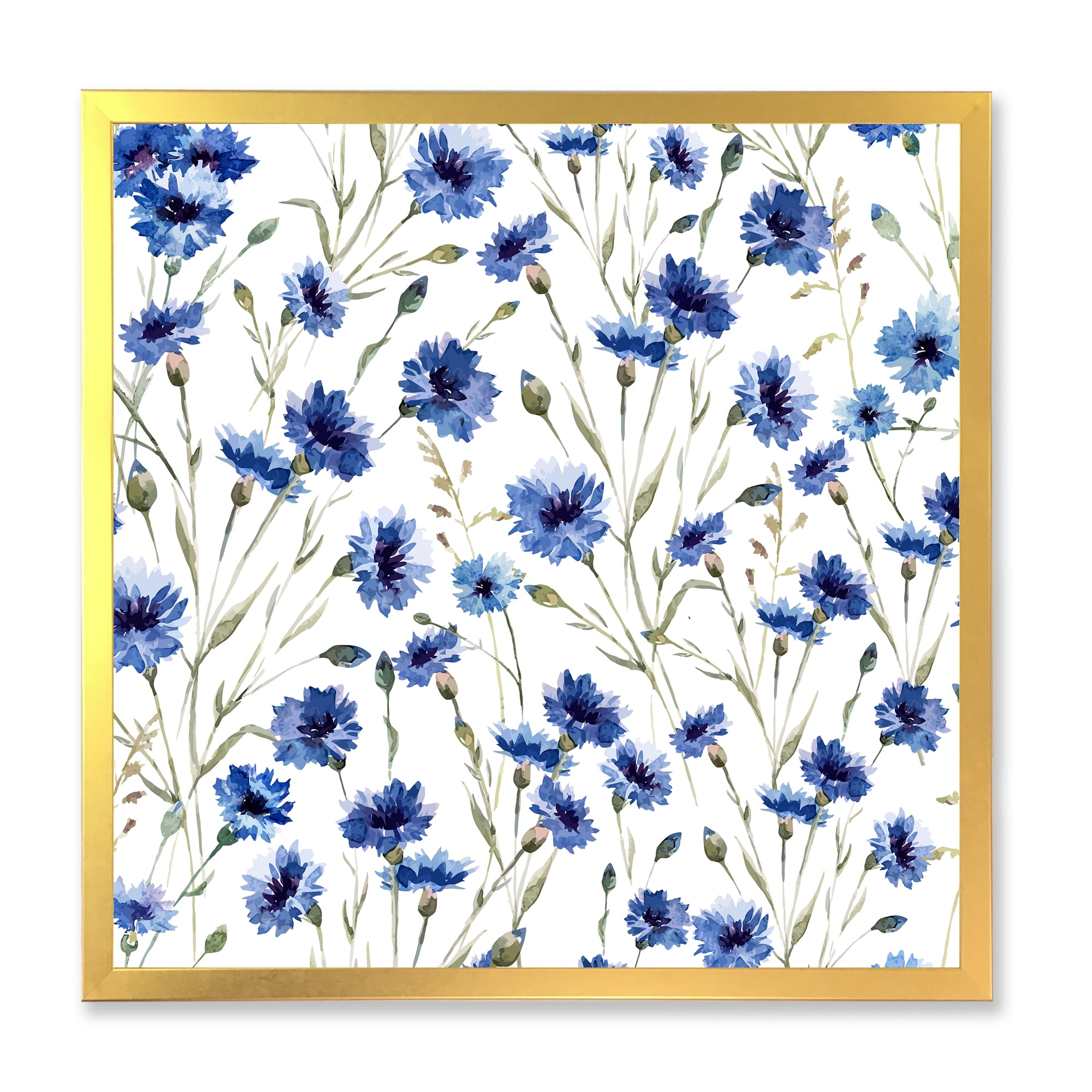 Designart 'Blue Wildflowers With Green Leaves On White' Traditional Framed Art Print