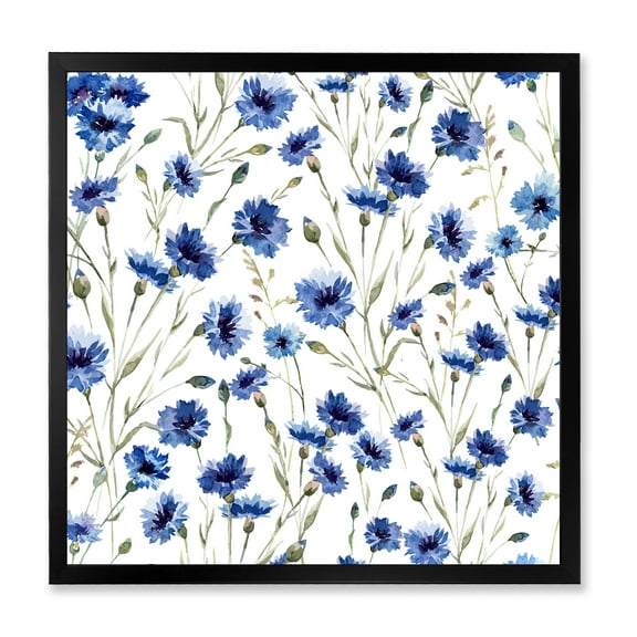 Designart 'Blue Wildflowers With Green Leaves On White' Traditional Framed Art Print